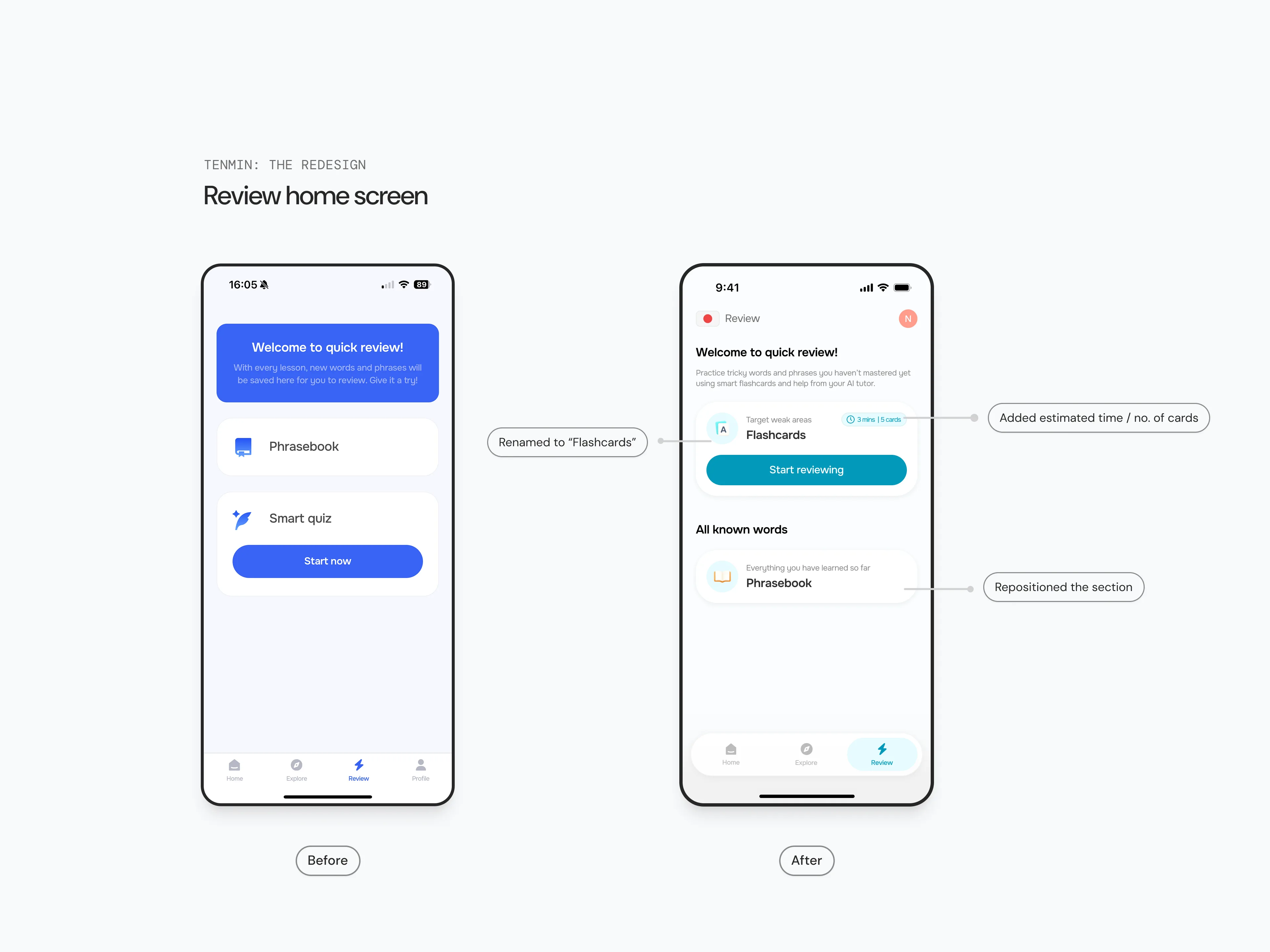 The redesigned Tenmin review screen