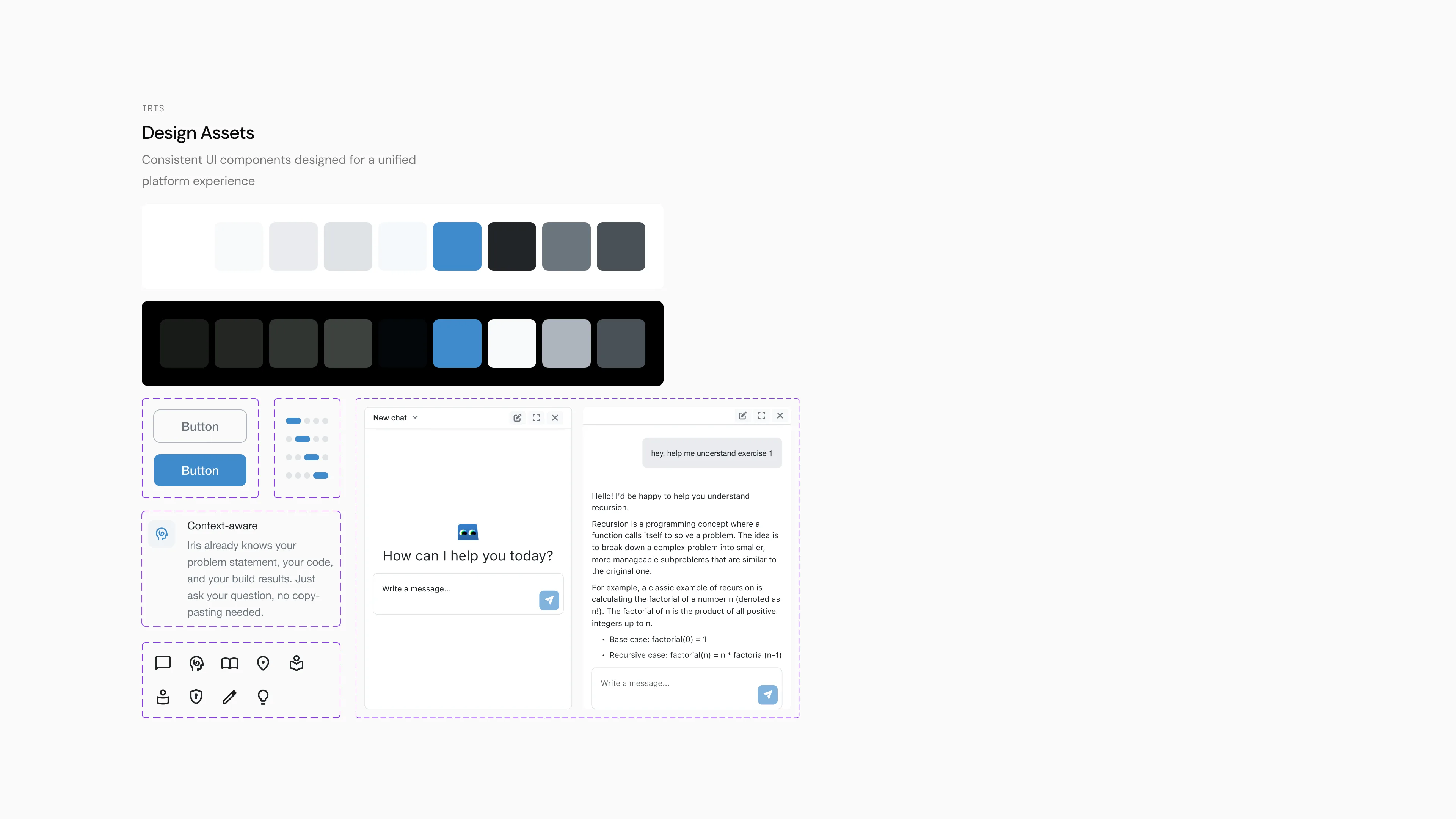 The Iris design assets: the light and dark colour ramps, and the buttons, stepper, card, icons and chat widget states built on them