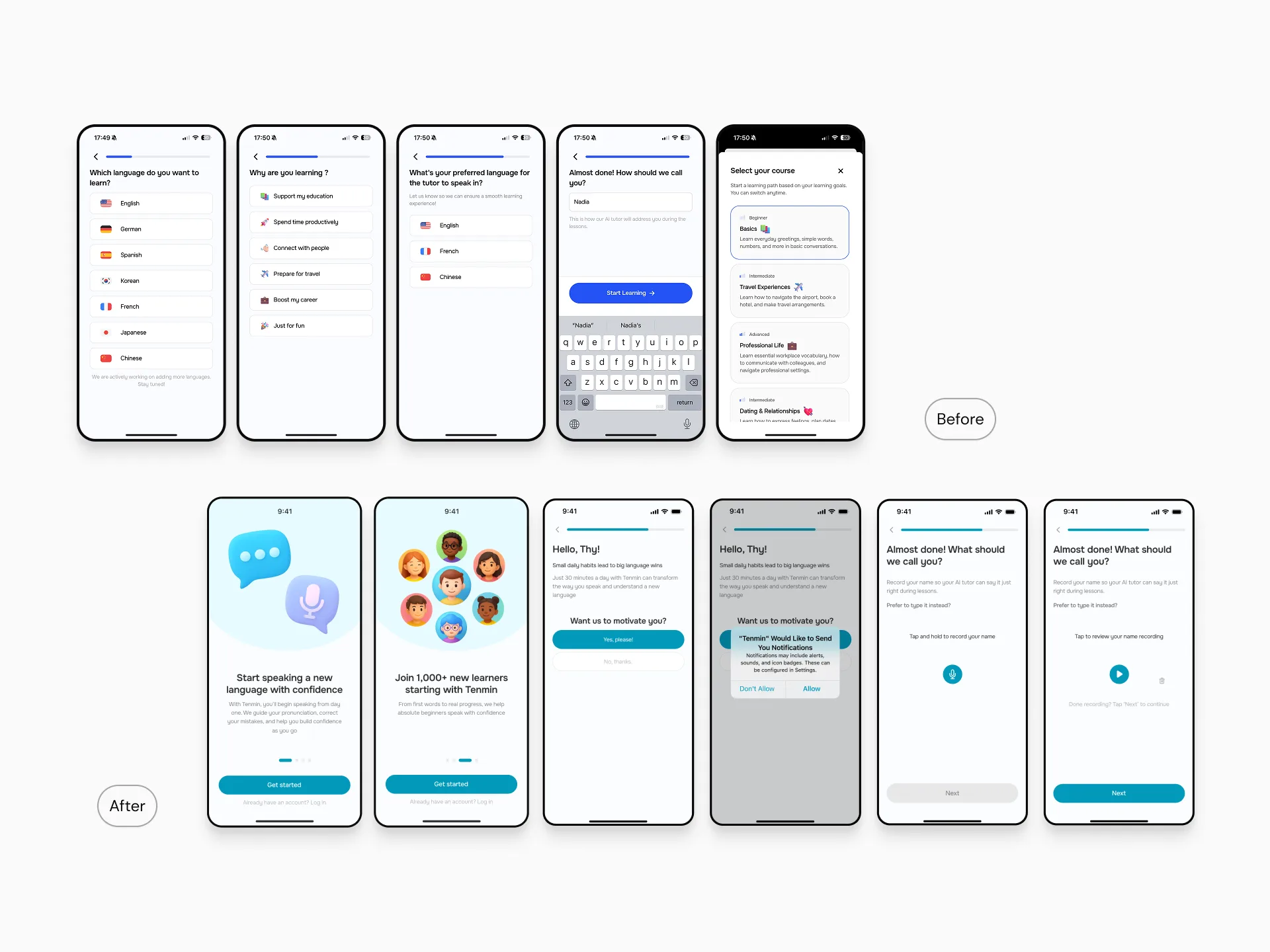 The original and redesigned Tenmin onboarding shown side by side