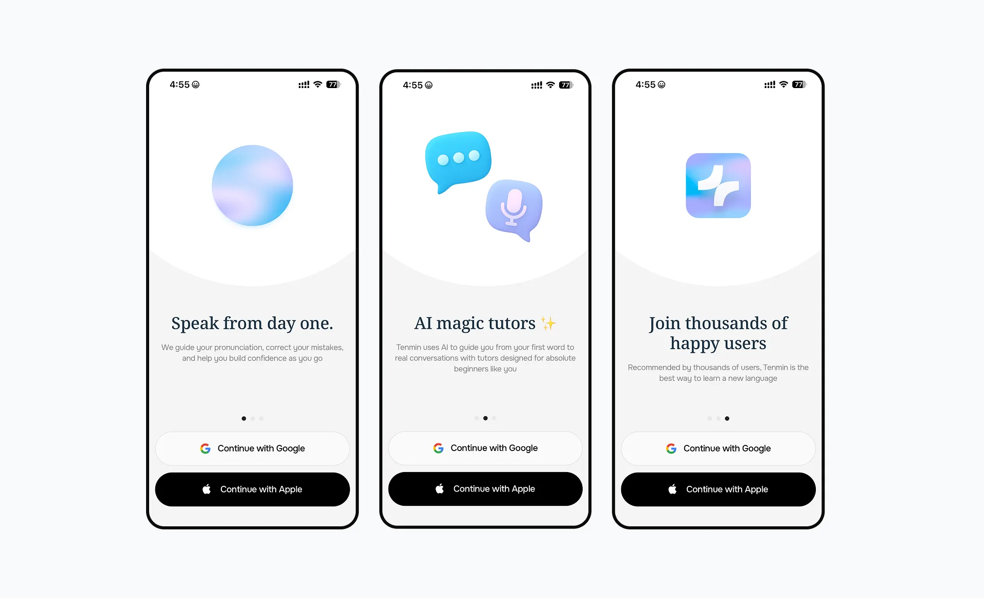 Tenmin’s shipped onboarding, with value propositions shown before sign-in