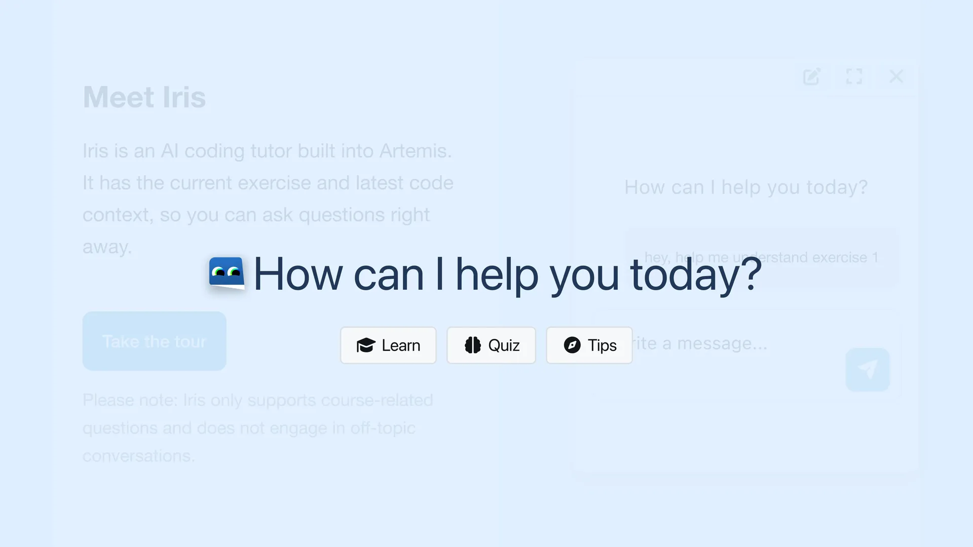 The Meet Iris panel, introducing an AI coding tutor built into Artemis, with the prompt "How can I help you today?" and a cursor moving to the Quiz chip beside Learn and Tips