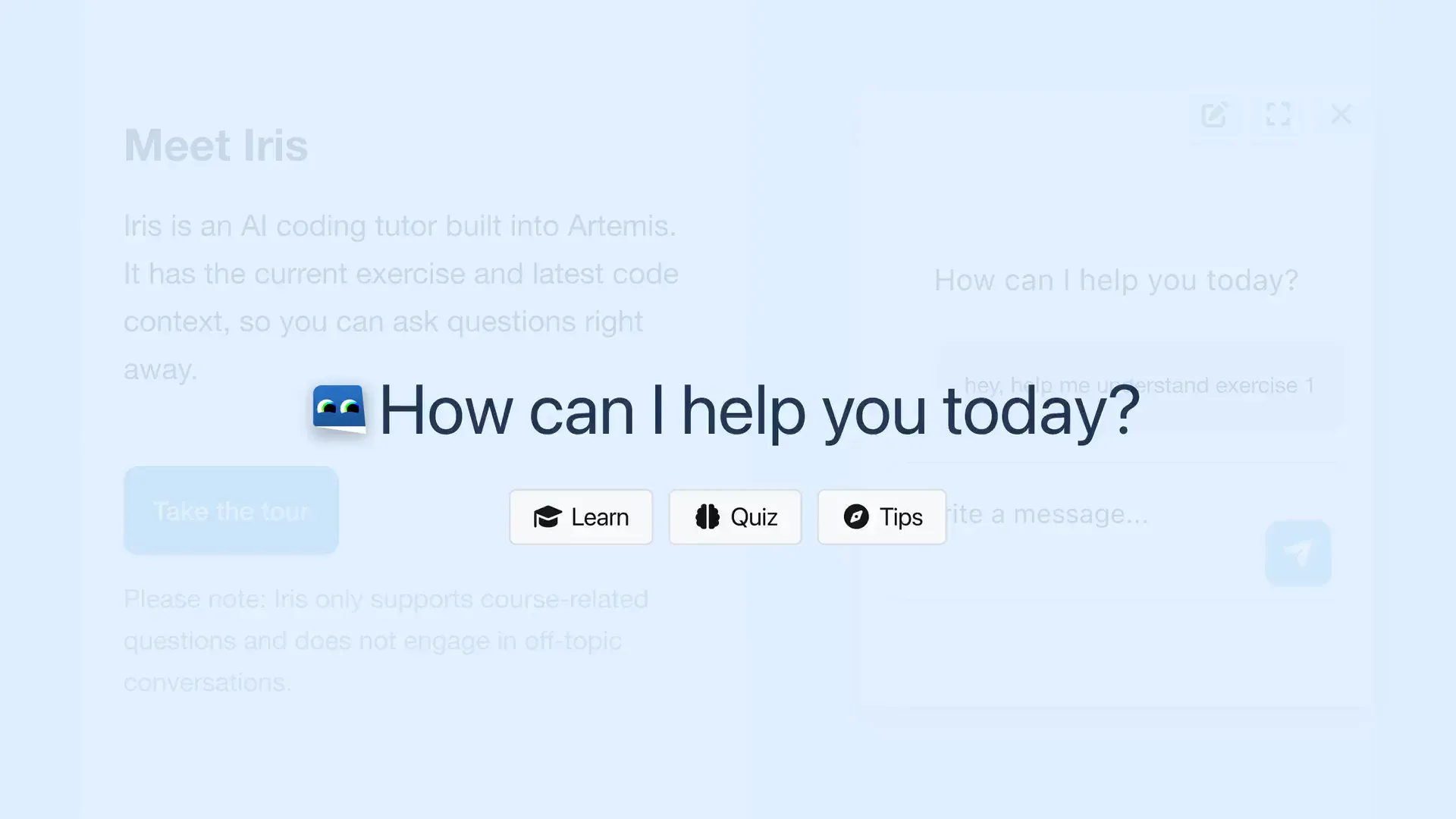 The Meet Iris panel, introducing an AI coding tutor built into Artemis, with the prompt "How can I help you today?" and a cursor moving to the Quiz chip beside Learn and Tips