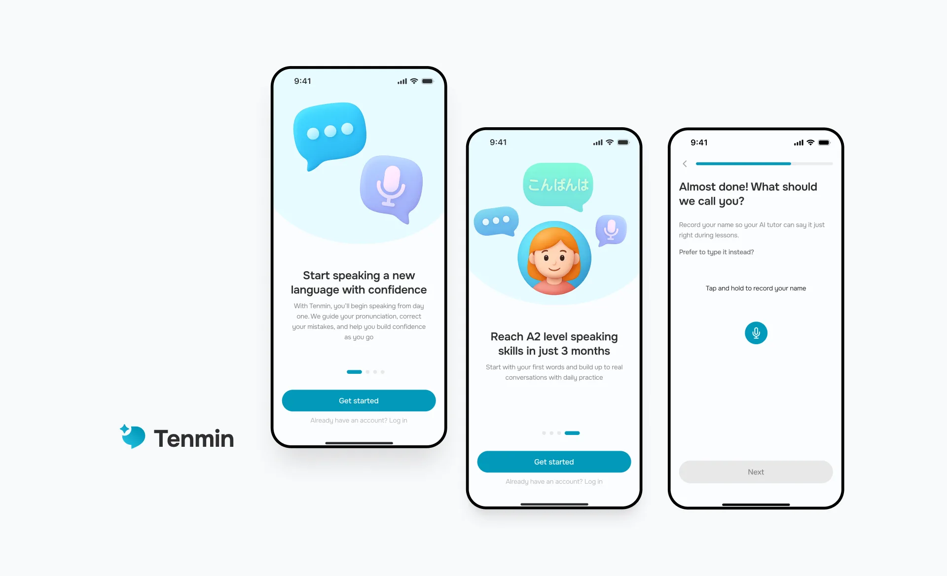 Three Tenmin app screens showing the speaking-practice onboarding flow