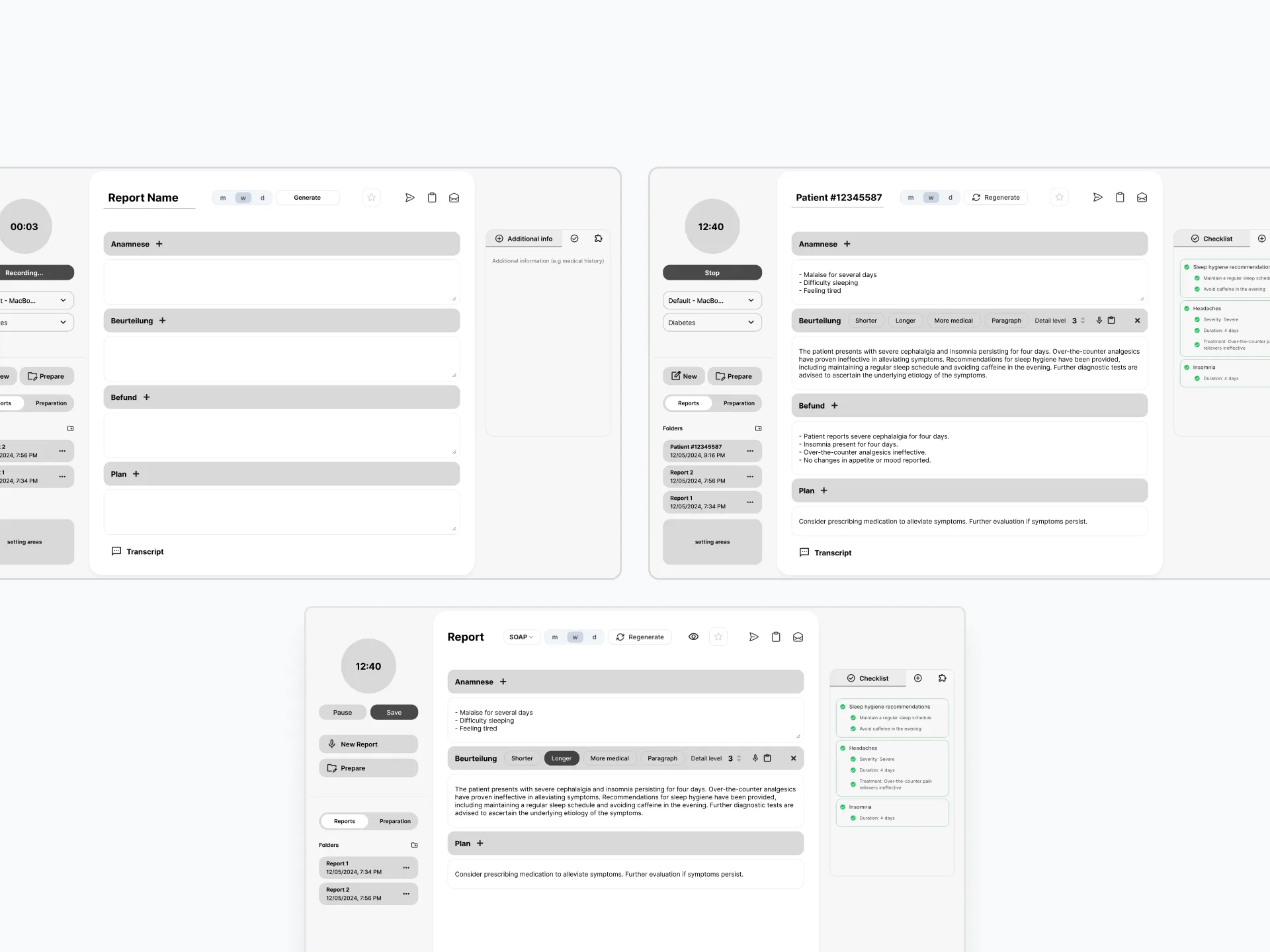 Low-fidelity wireframes exploring the report page layout